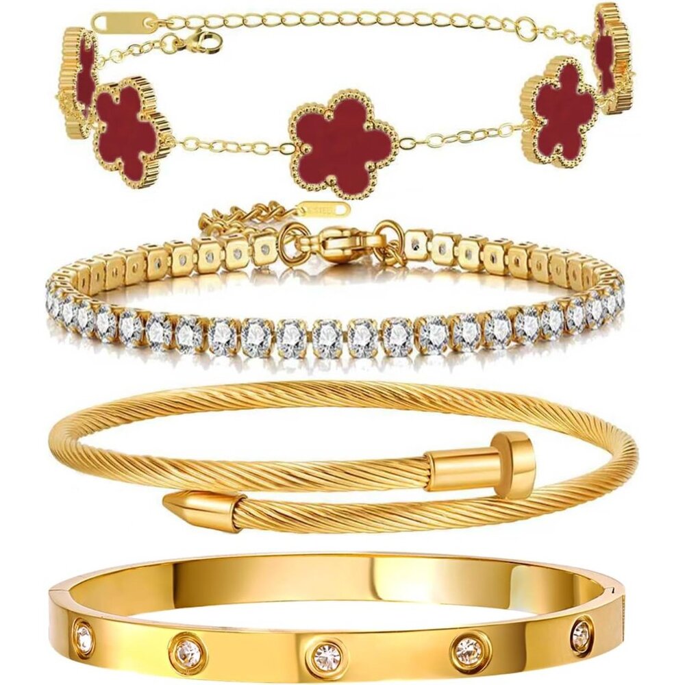 Gold Bracelets For Women, 18k Gold Plated Women Tennis Bracelets Clover Nail Lov